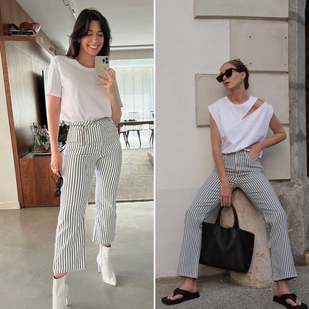 ZARA Denim Blue & Ivory Stripped Brand New Crop Flare Jeans Women’s Size 4